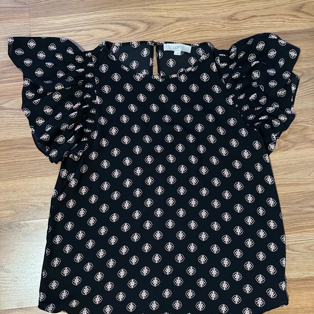 LOFT Black Blouse with Pink and White Pattern